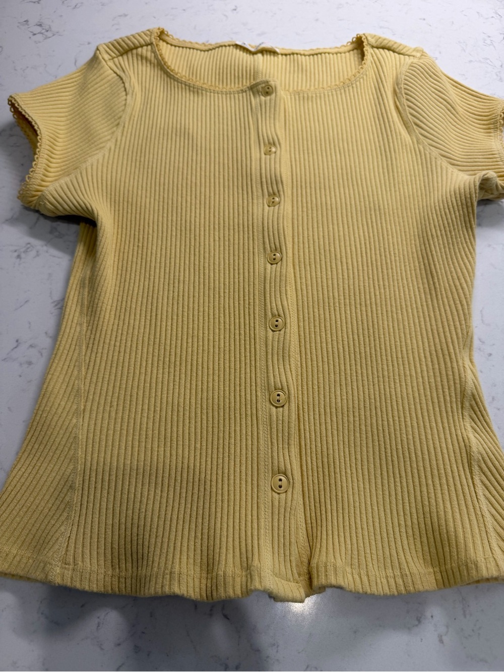 Free People Yellow Ribbed Button-Front Short Sleeve Top - Picture 3 of 6